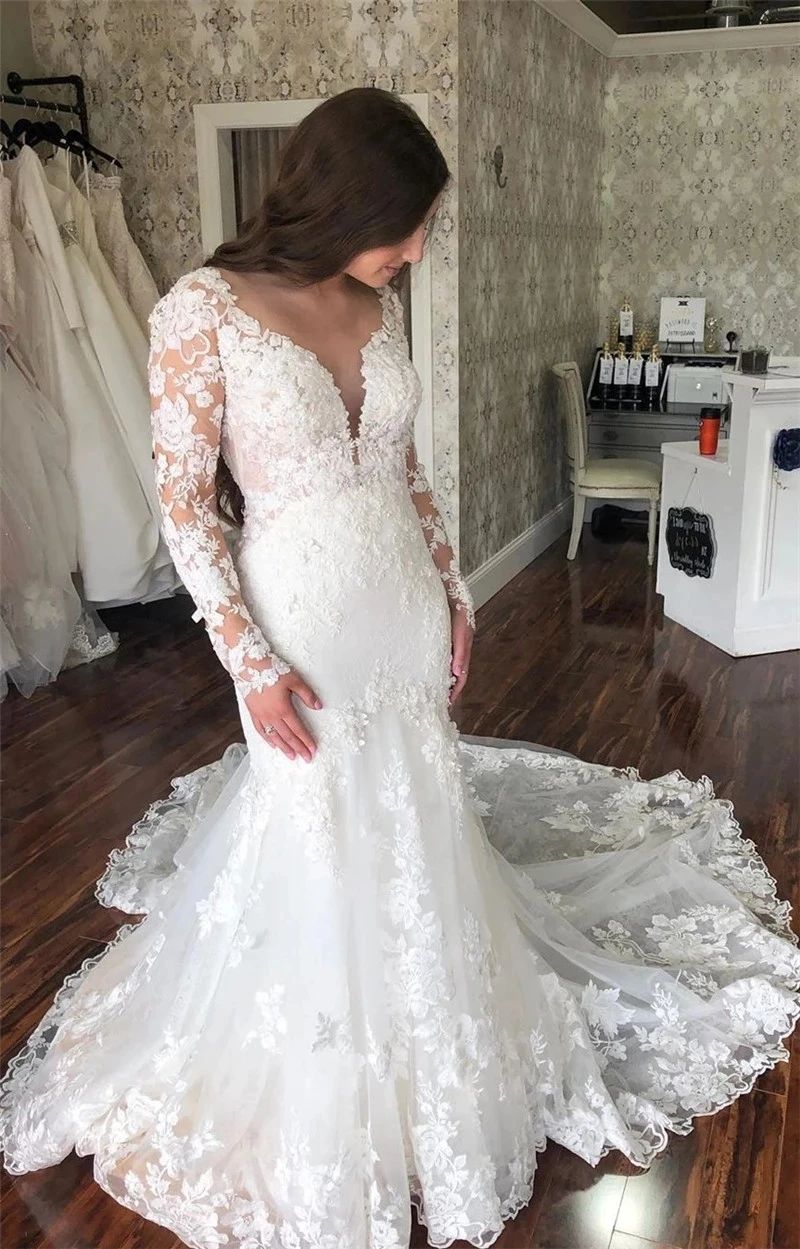 تخصيص جميل ساحة الرقبة الدانتيل يزين حورية البحر فستان الزفاف Vestido De Casamento طويلة الأكمام حديقة خمر الزفاف الذهاب