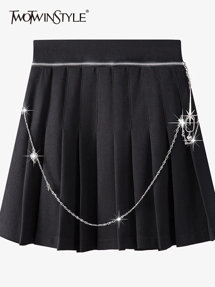 

TWOTWINSTYLE Solid Patchwork Metal Chain Chic Skirt For Women High Waist Spliced Pleated Streetwear A Line Skirts Female Fashion