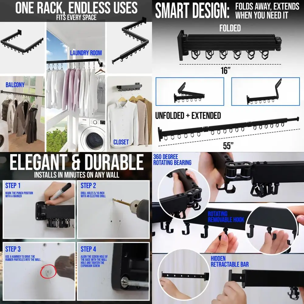 

Folding Wall-Mounted Laundry Drying Rack - 180° Swivel, 220 lbs Capacity, Aluminum, Indoor/Outdoor Black Organizer