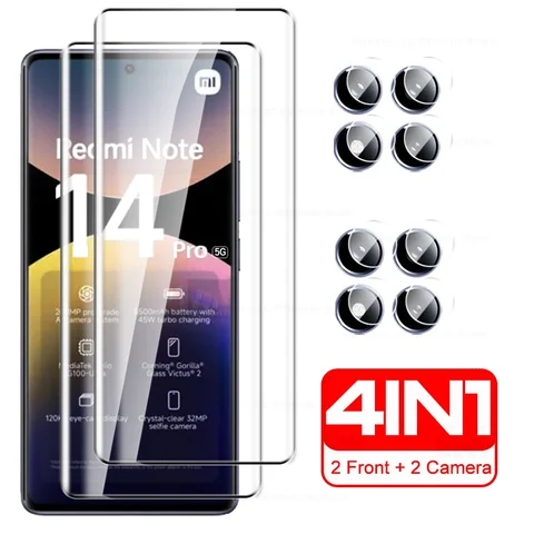 Защитное стекло 4 в 1 для Redmi Note 14 Pro 5G, 15 Pro 4G, 3D изогнутое закаленное стекло для Xiaomi Redmi Note 15, 14Pro＋, 15Pro＋