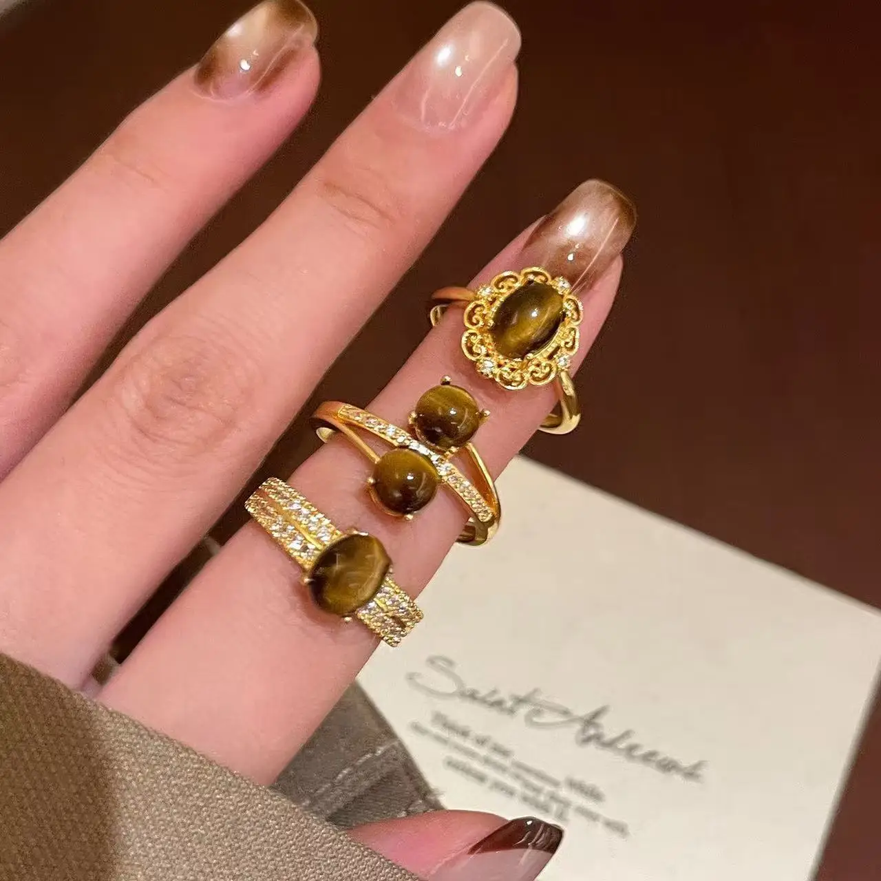 Vintage Gold Color Shiny Zircon Double-Layer Rings for Women Punk Tiger Eye Stone Open Rings Y2K Exquisite Jewelry Gifts