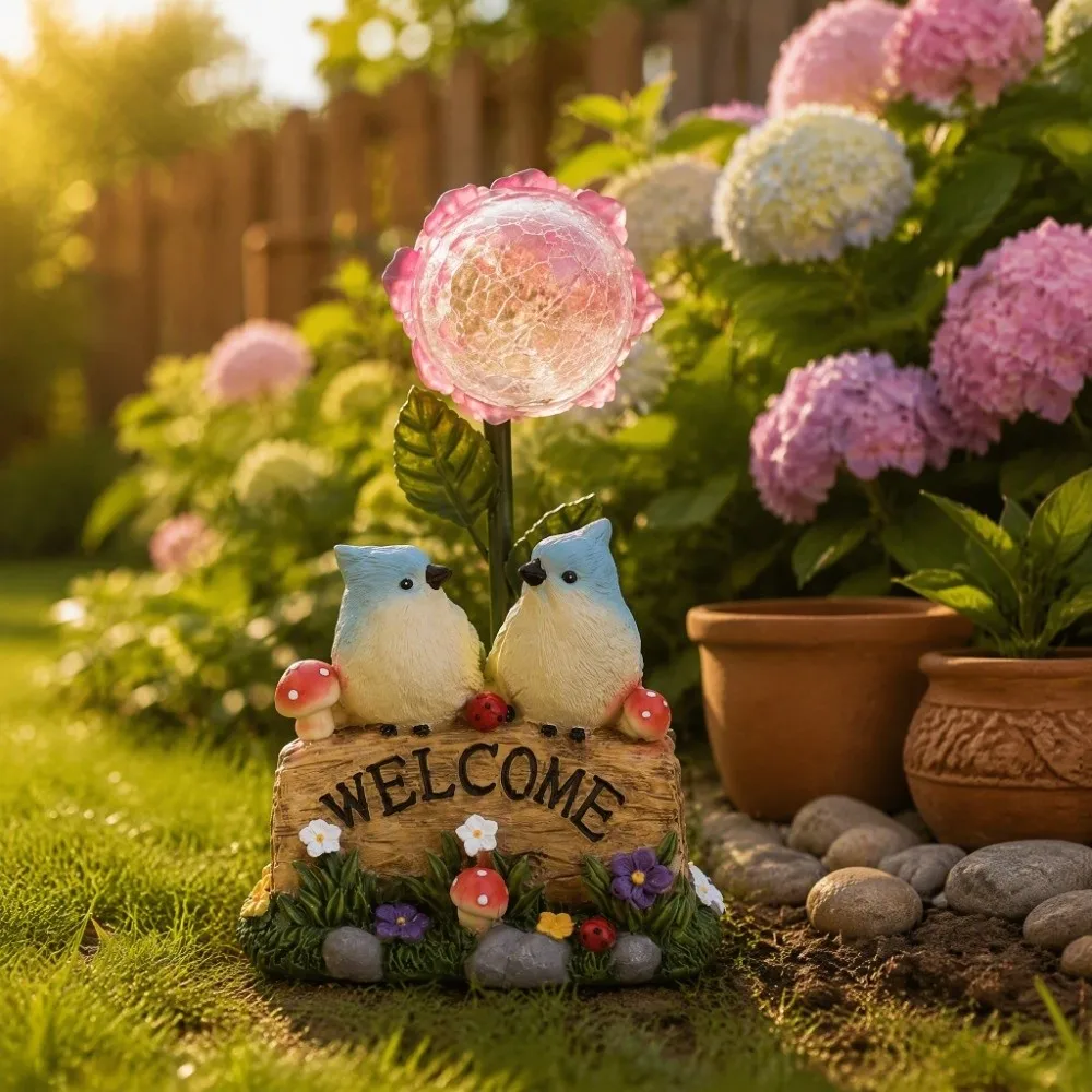 Solar Powered Garden Welcome Sign Durable Resin Creative Design Bird Figurine No Wiring Needed Warm Light Garden Ornament
