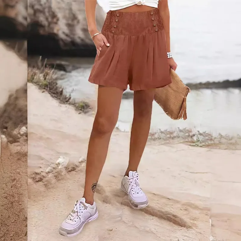 Pantalones cortos de playa de lino y algodón para mujer, Shorts informales de Color sólido con botones y bolsillos, cintura elástica, versátiles, gran oferta de verano