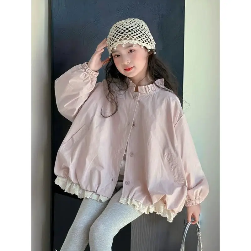 Girls Cardigan Spring 2026 New Lace Patchwork Korean Style Casual Trendy Loose Fit Open Front for Big Kids Daily Wear Outerwear