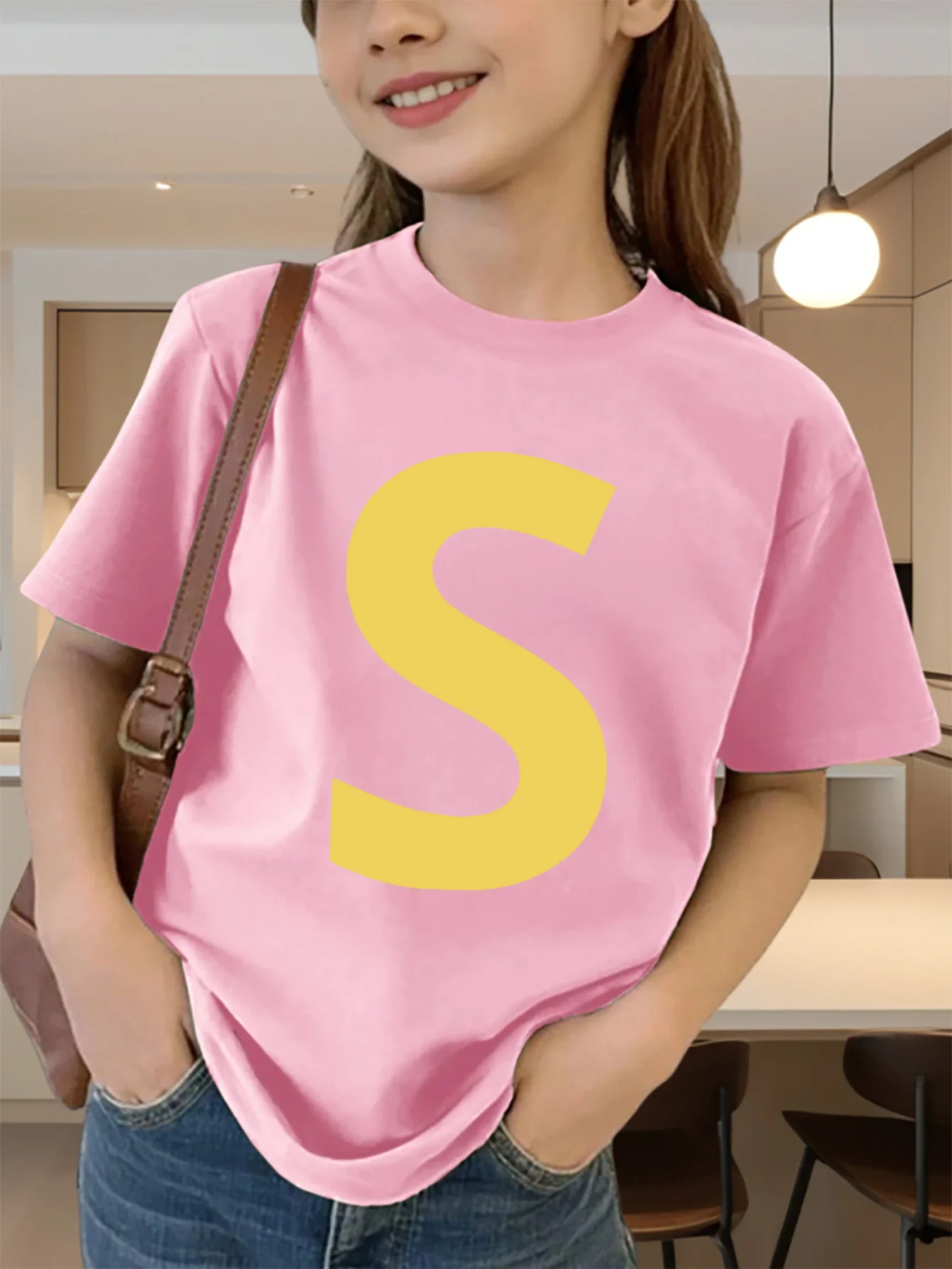 Cute Yellow Letter S Simple Print Graphic Kids Tee Boys Girls Family Matching Cotton Crew Neck Short Sleeve Soft Summer Tee
