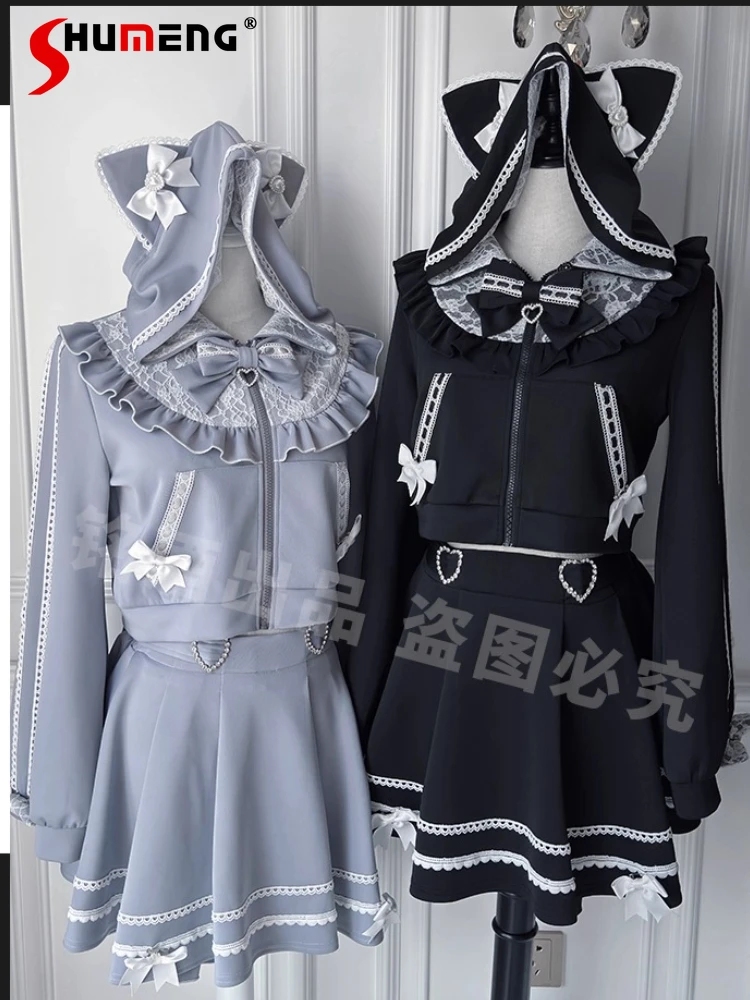 

Спортивный комплект в японском стиле Mines, милые кошачьи уши, бант, короткая куртка с длинными рукавами, мини-юбки с высокой талией, женский комплект из двух предметов