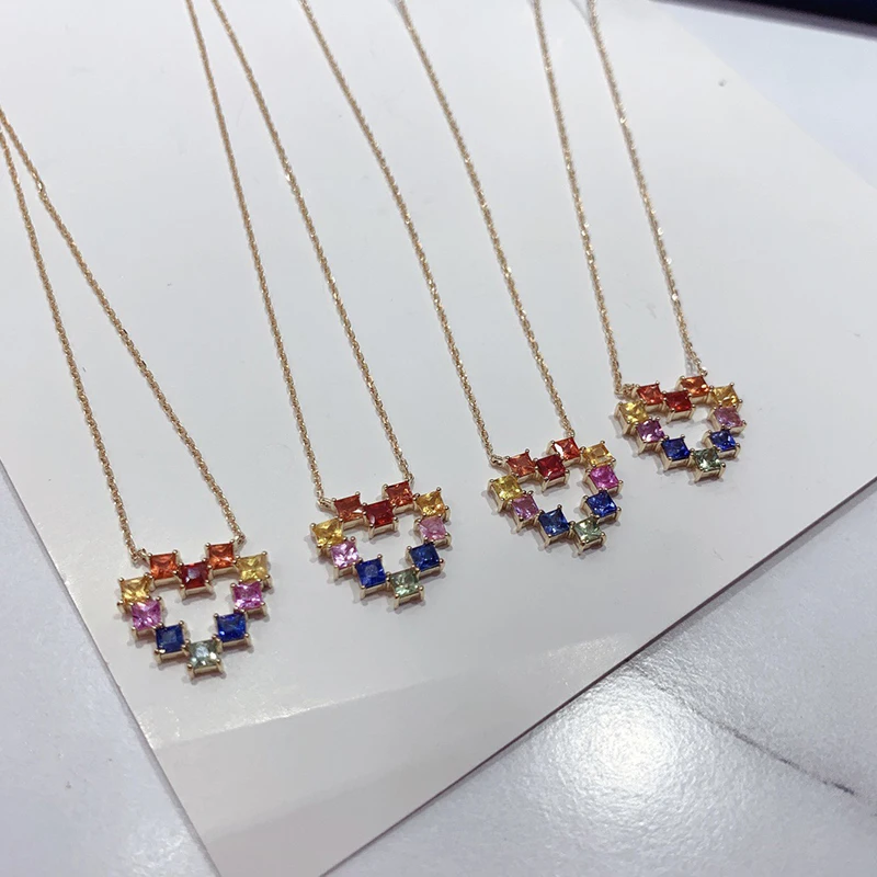 Aazuo Fine Jewely Real 18K Yellow Gold Natrual Sapphires OL Style Rainbow Heart Necklace Gift For Girls & Kids Birthday Party