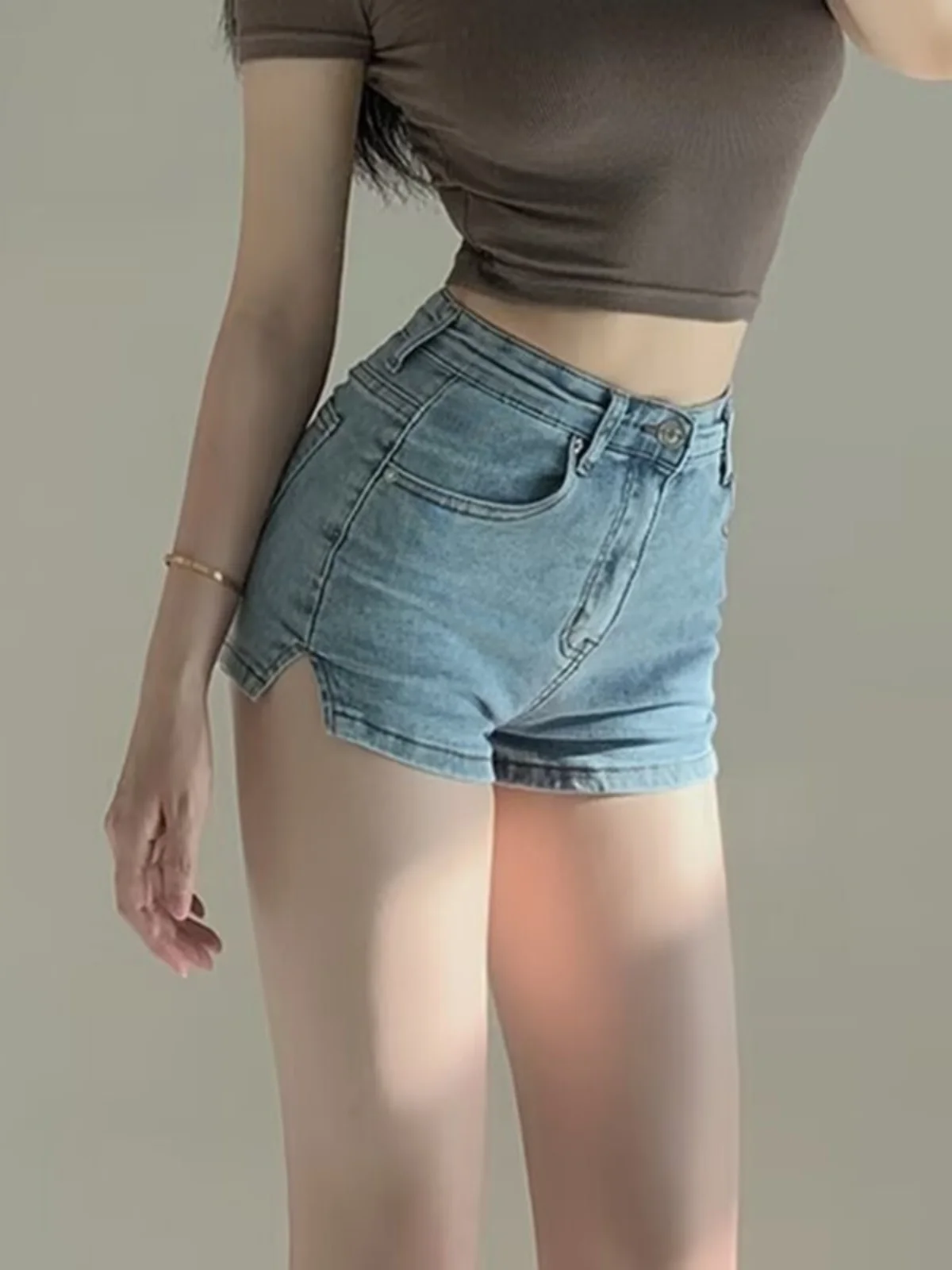 

Korean High Waist Denim orts Women Summer Spicy Girl Slit Tight Elastic Butt Hing Hot Pants Small Size Tee-quarter Length