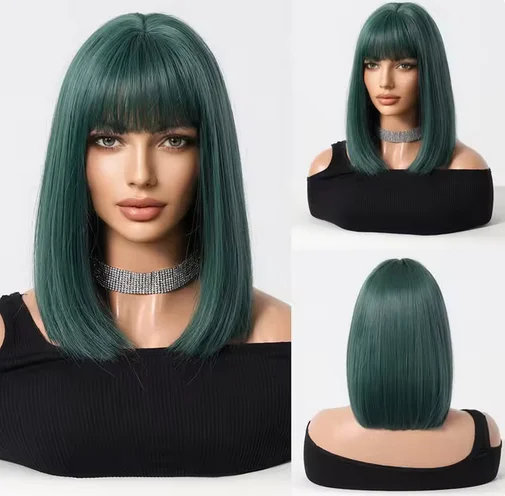 Dark Green Bob Synthetic Wigs Short Straight Wig Green Hair with Bangs for Women Party Cosplay Use Heat Resistant