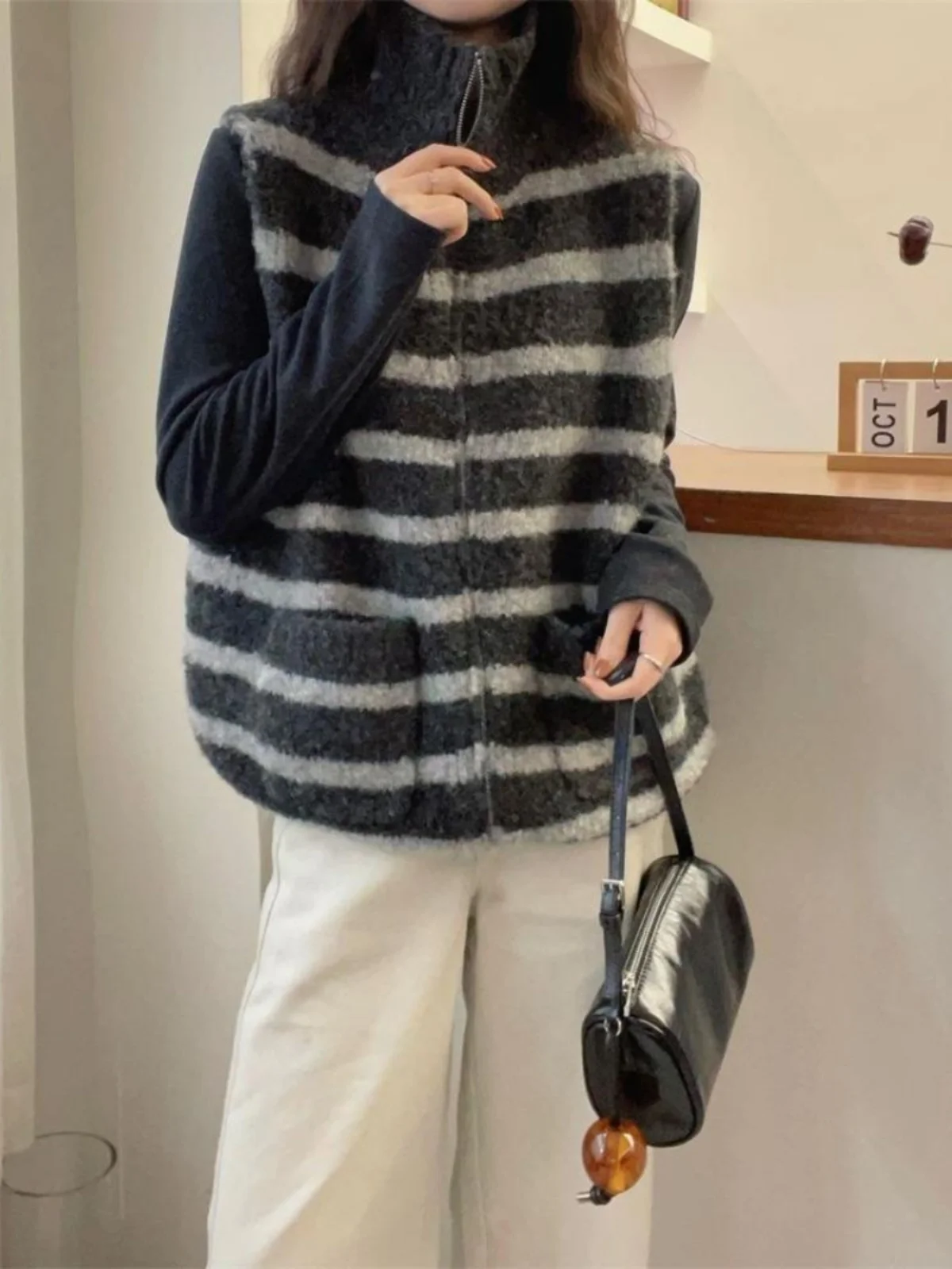 Oule High Collar Lamb Fur Vest Women's Spring Autumn Loose Design Sense Top Striped Splicing Korean Version Outerwear