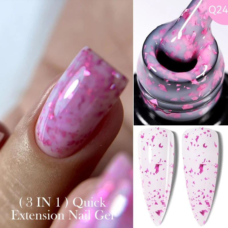 LILYCUTE 7ML Pink Gold Foils Sequin Effect Quick Extension Gel Nail Polish Aurora Self-leveling Nail Art Rubber Base Gel Varnish