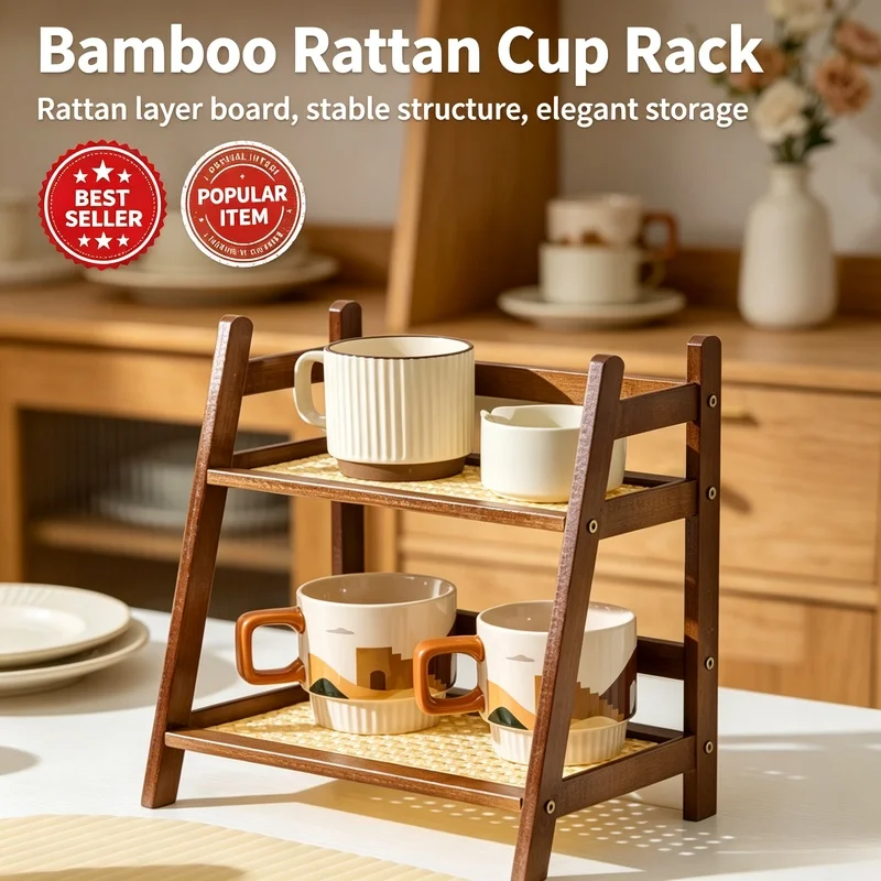 2‑Layer Bamboo Countertop Organizer, Multipurpose Coffee Cup Holder Storage Shelf for Kitchen Dressing Table Hotel Apartment Hou