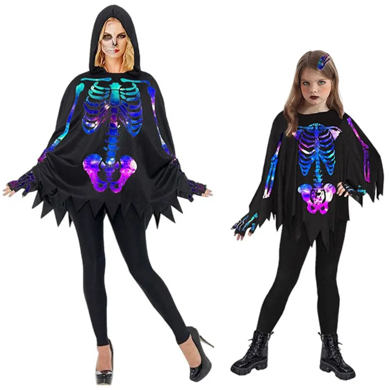 Disfraz de esqueleto para padres e hijos, capa, Poncho para niños y adultos, disfraces de Halloween aterradores Unisex, traje elegante fluorescente
