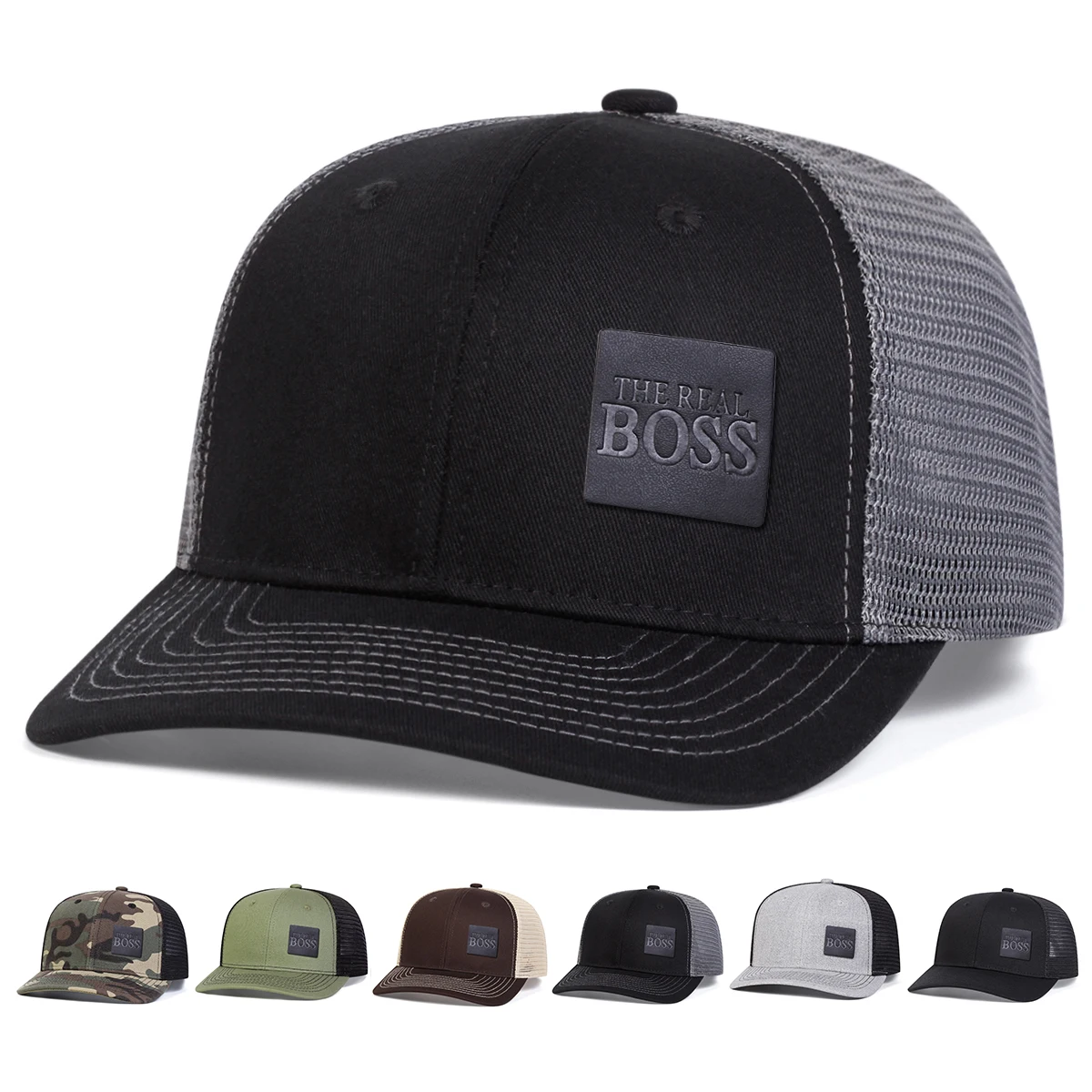 

Унисекс THE REAL BOSS Letter Leather Label Бейсбольные сетчатые кепки Весна Лето Открытый Регулируемые повседневные шапки Папа Шляпа Солнцезащитная шляпа
