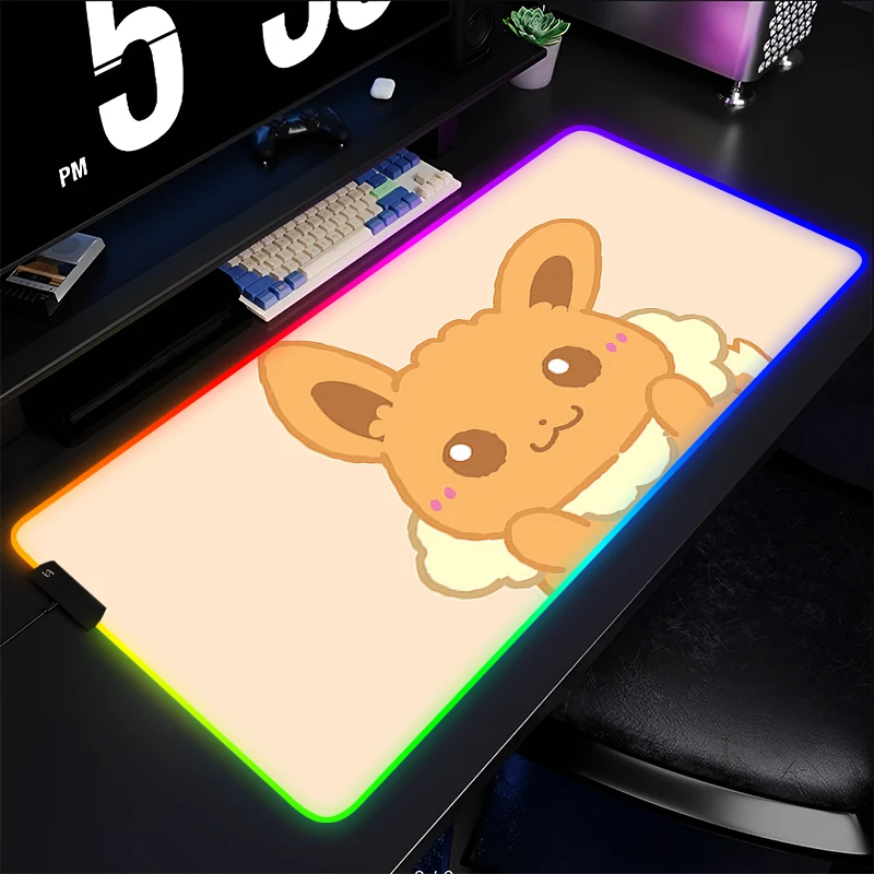 

LED Mouse Pad Gamers Decoracion Gamer Desk Mat RGB Mousepad Edge White P-Pokemon Eevee Gaming Accessories Backlight Keyboard Mat