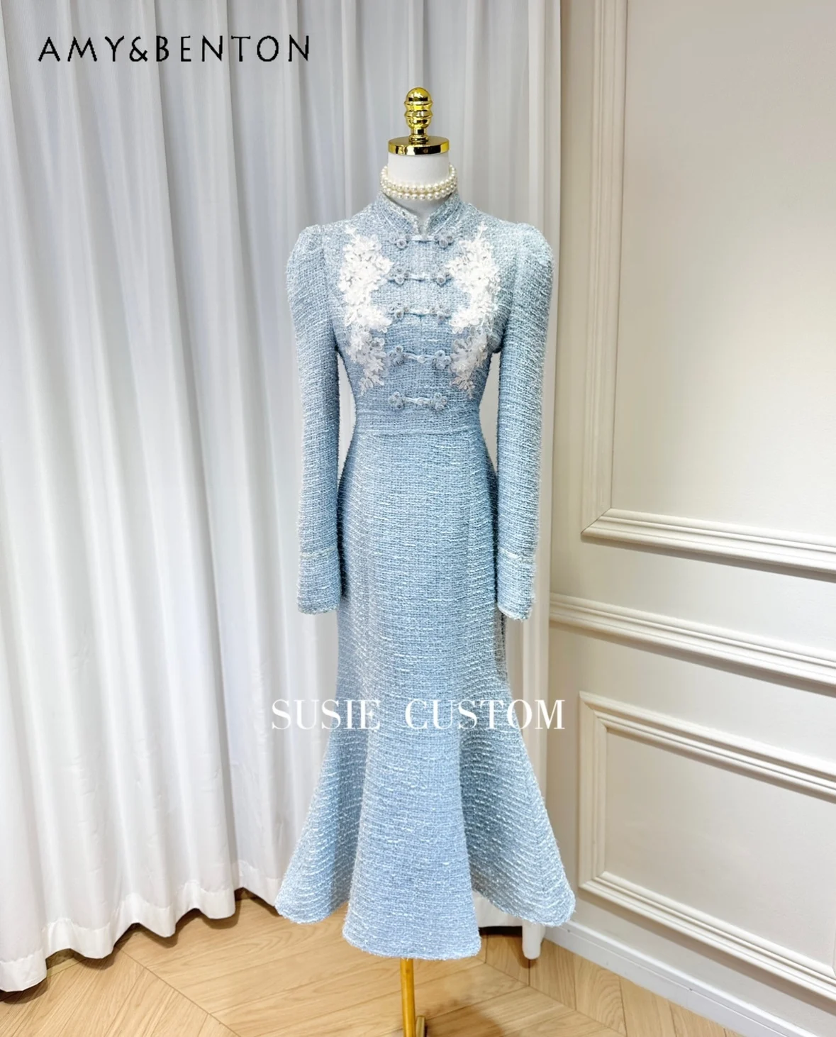 

High-End Socialite Stand Collar Puff Sleeve Diamond Bead Buckle Three-Dimensional Embroidered Flower Tweed Fishtail Dresses