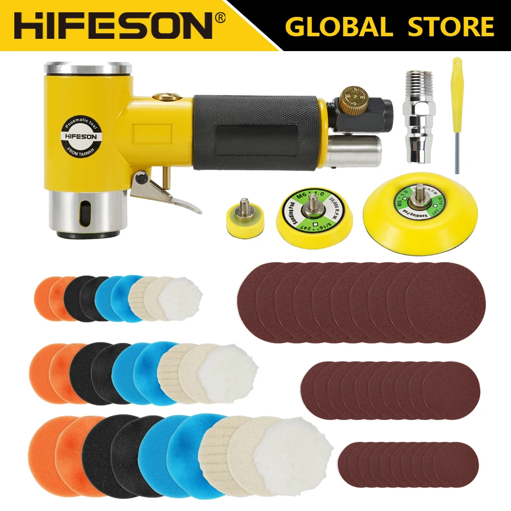 HIFESON 미니 궤도 2/3" 에어 샌더 공압 폴리 셔 그라인더 버퍼 듀얼 액션 궤도 폴리 셔 세트