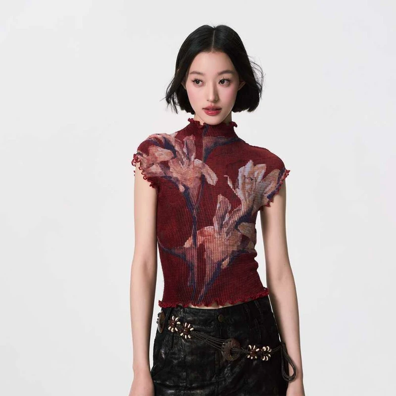 2026 Summer Ruched Lily Pattern Short Sleeve T Shirt Women Mock Neck Slim Fit Casual Daily Fashion Trendy Inner Outer Wear Tops