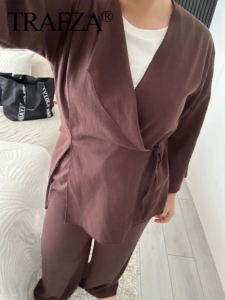 TRAFZA Women Solid Pajama Style Blouse Pant Sets Long Sleeve Lace Up Shirt Drawstring Trousers Loose Casual Office Lady Suit