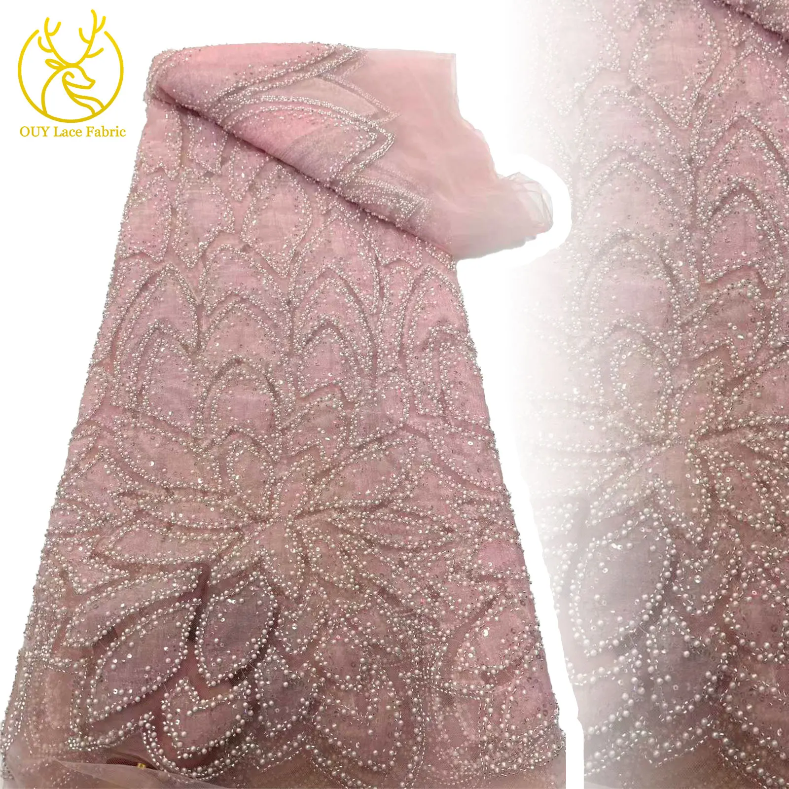 

Розовая элегантная африканская кружевная ткань ручной работы с тяжелыми бисером, сетчатая кружевная ткань 2021, французская тюль с блестками, кружевная ткань для шитья вечерних платьев