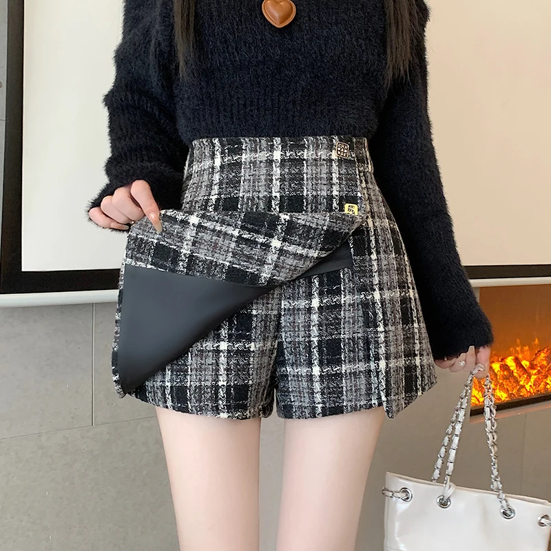 2023 Autumn/Winter High Waist Irregular A-line Slim Wool Plaid Small Fragrant Short Skirt Pants