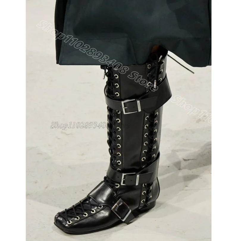 

Black Buckle Leather Ankle Boots Lace up Square Toe Design for Women Spring Party Dress Short Boots 2025 Zapatos Para Mujere