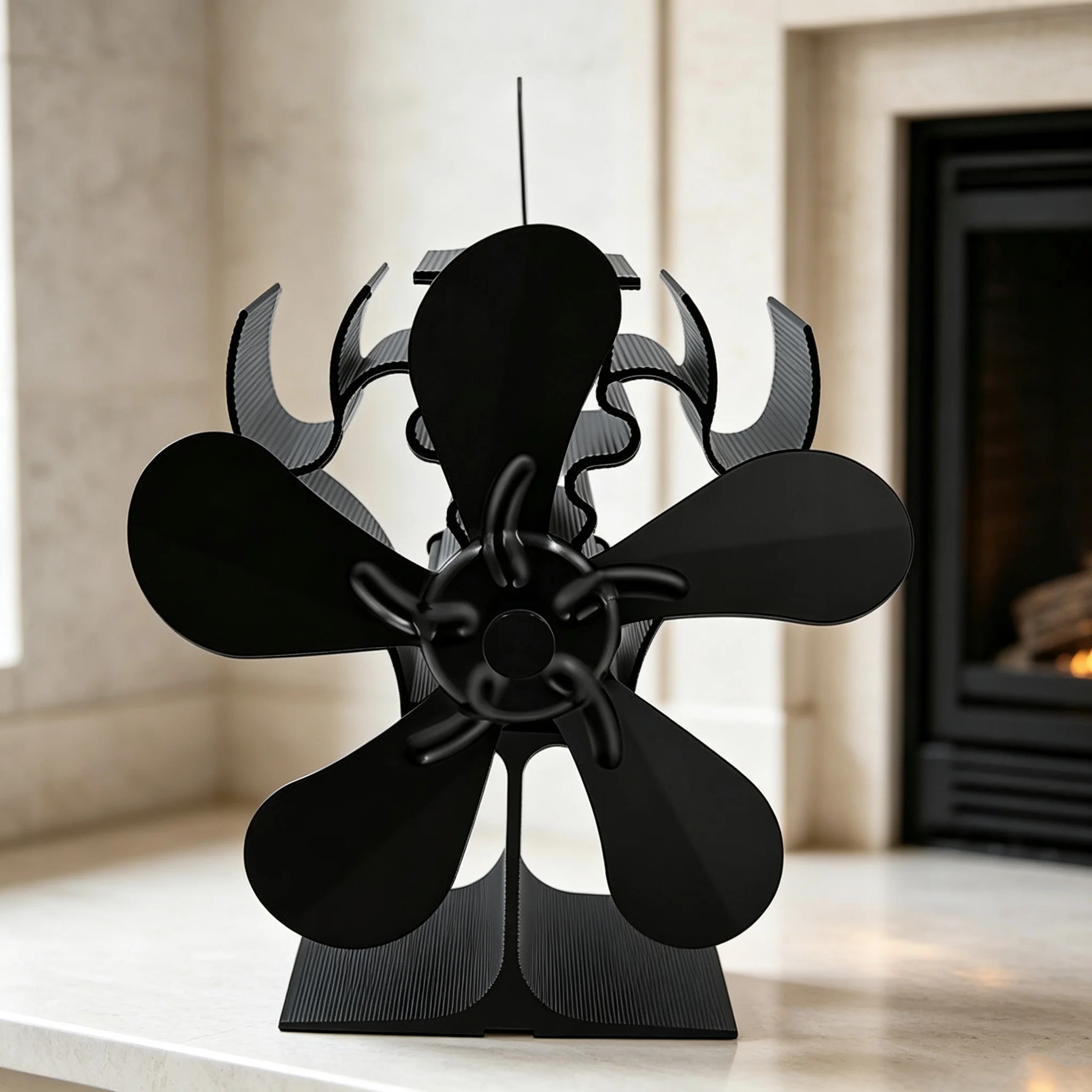Heat Powered Stove Fan Eco Quiet Black 5 Blades Log Wood Burner Fireplace Fan Efficient Heat Distribution Winter Warmer Home