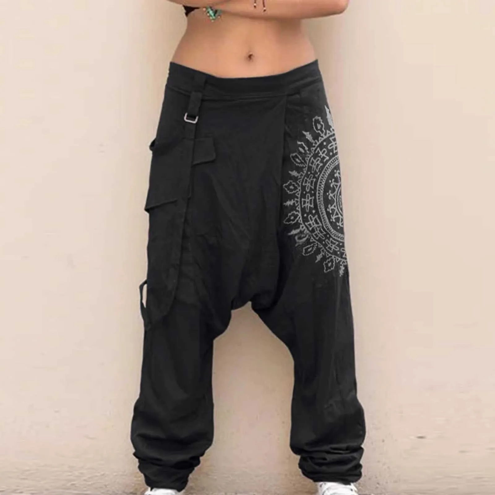 Fashion Women Solid Color Pockets Harem Pants Baggy Trousers Plus Casual Loose Elastic Low Waist Waist Drop Crotch Pants