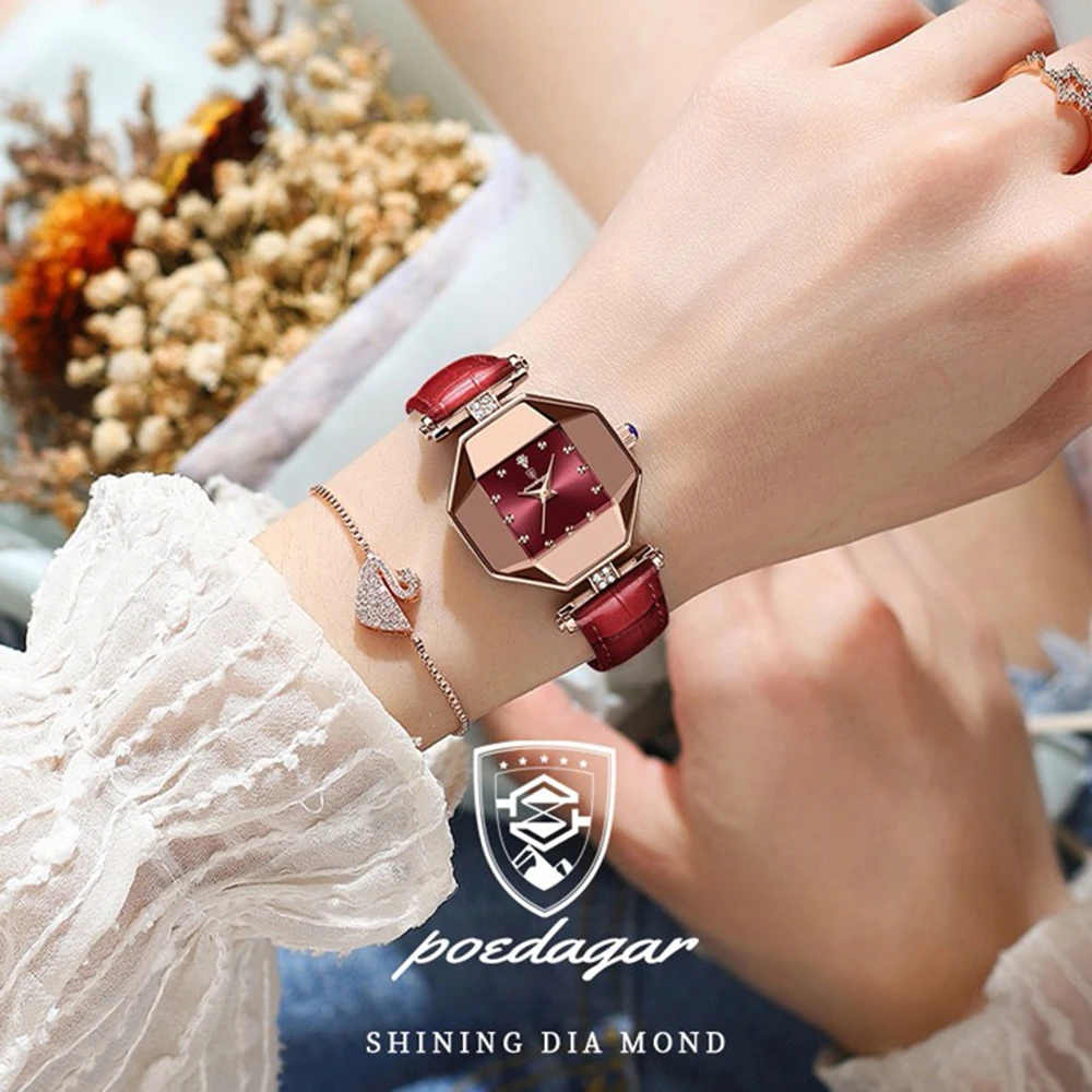 POEDAGAR-relojes de cuarzo verde para mujer, pulsera de cuero de lujo, resistente al agua, alta calidad