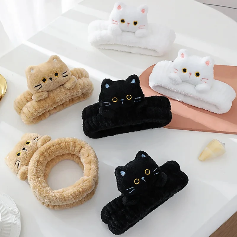 Cute Coral Fleece Head Bands Elastic Cartoon Cat Makeup Wash Face Hairbands Soft Traceless Facial Spa Headwear Hair Accessories