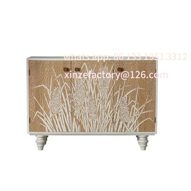 

Silent wind solid wood carved flower dining side cabinet plant stamen pattern side cabinet entrance hall aisle cabinet American