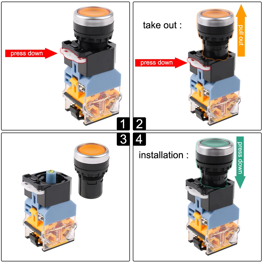 LA38-11D/203 Contact Push Button Switch with LED Indicator Light ON OFF Self-locking/ Momentary 22mm 12V 24V 220V 380V Red Green