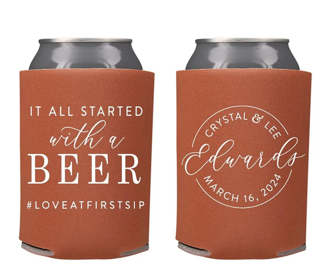 

It All Started With A Beer - Wedding Can Cooler，Custom - Wedding Favors, Beverage Insulators, Beer Huggers, Wedding, Beer Holder