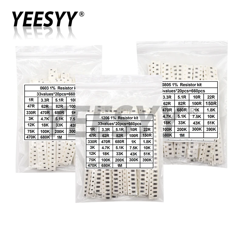 1206 0805 0603 0402 0201 SMD Resistor Sample Assorted Kit 1Ohm-1M ohm 1% 33valuesX 20pcs=660pcs