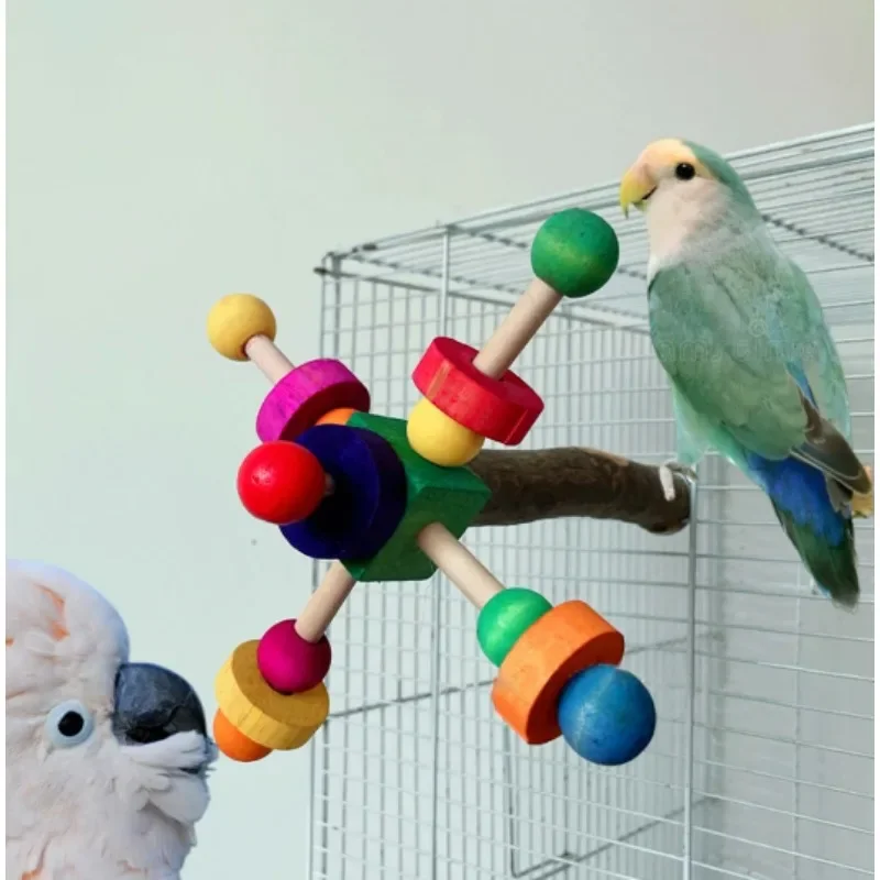 Parrot toy, bird toy, log stand stick, colorful building blocks, rotating puzzle, fun gnawing toy, disassembly and shipment