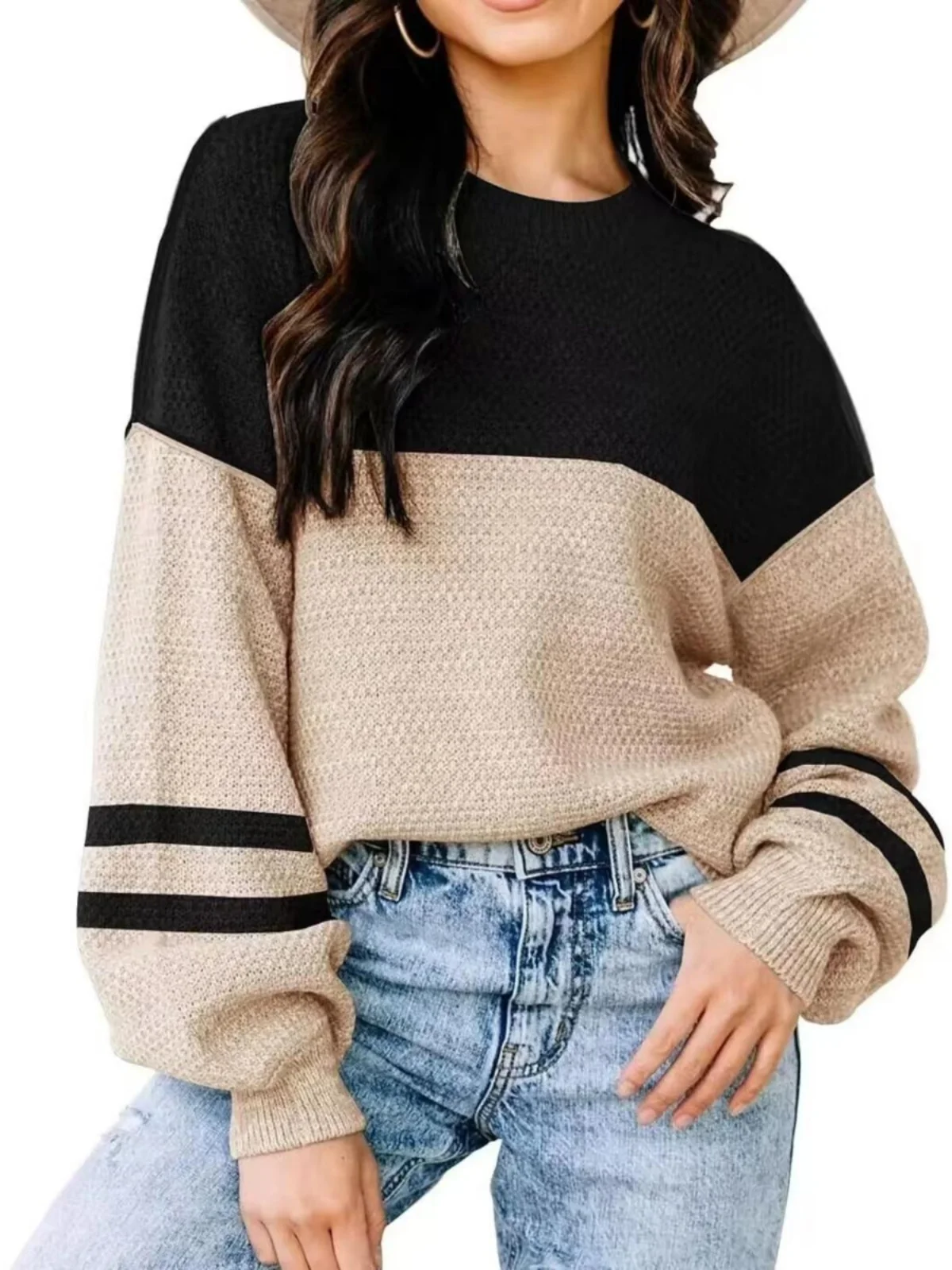 

Casual Loose Striped Knitted Sweater round Ne Long Sve Women's Comfortable Faionable Color Commute Sle Autumn ...
