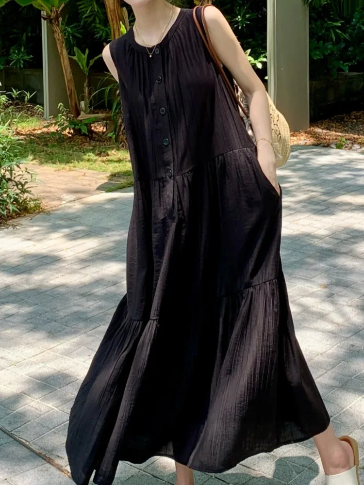 Summer Pleated Black Shirt Vest Dress Women Korean Slim Sleeveless Woman Dress Korean Fashion Ladies Dresses Vestidos Ropa Mujer
