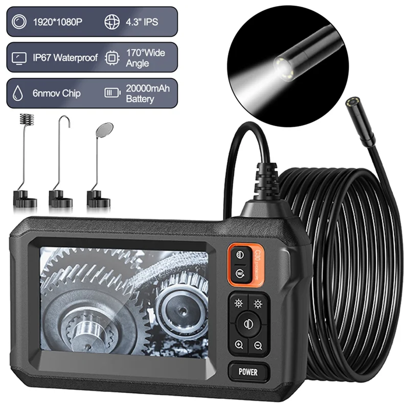 BB-4.3Inch IPS Screen 8Mm Camera 1920 X 1080P HD Industrial Endoscope IP67 Waterproof 5M Cable Car Diagnostic C30 20000Mah