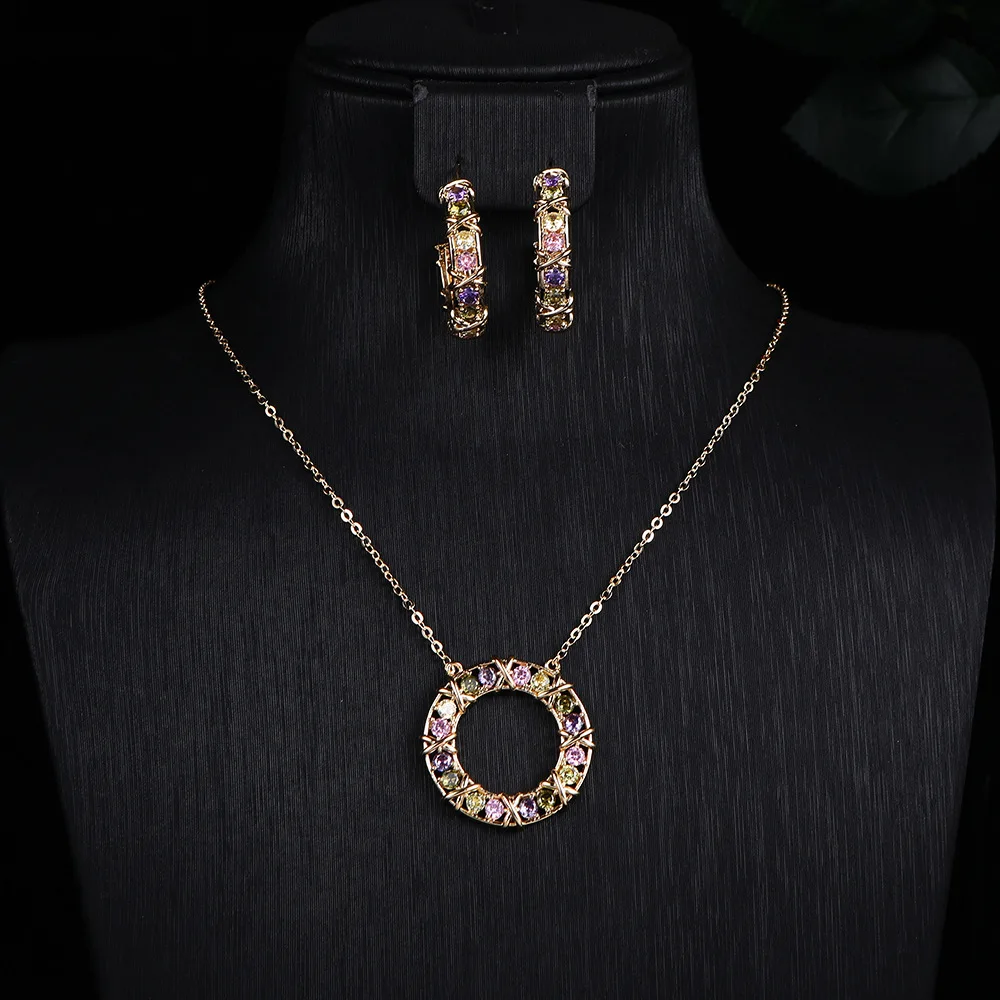 

New Simple Circle Crossover Delicate 2 Pcs Jewellery Necklace Earrings Daily Dress Banquet Prom Gift Party Accessories M-488