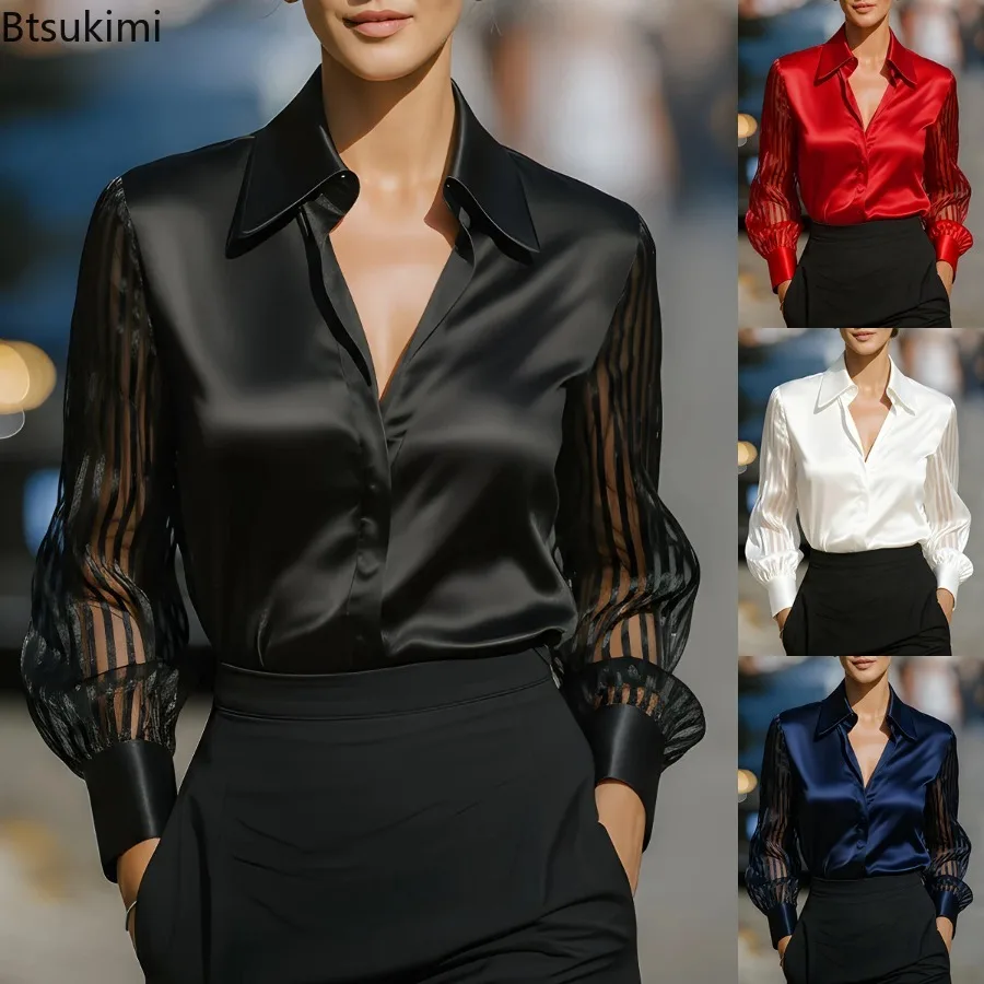 

New Women's Temperament Commuting Wear Solid Color Long Sleeve Lapel Shirts Spring Autumn Fashion Versatile Loose Satin Shirts