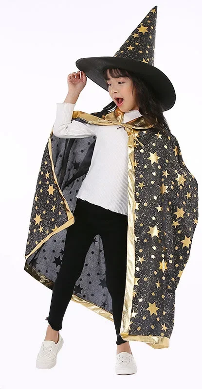 Children Halloween Costumes Star Wizard Witch Cloak Cape Robe with Pointy Hat Cosplay Props Birthday Party Mardi Gras Accessory