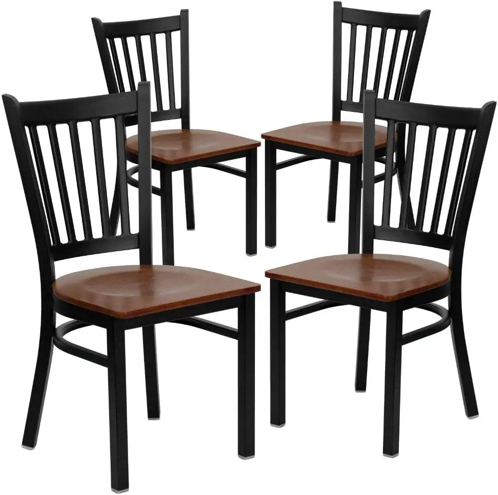 4 Pack HERCULES Series Black Vertical Back Metal Restaurant Chair - Cherry Wood Seat outdoor furniture set