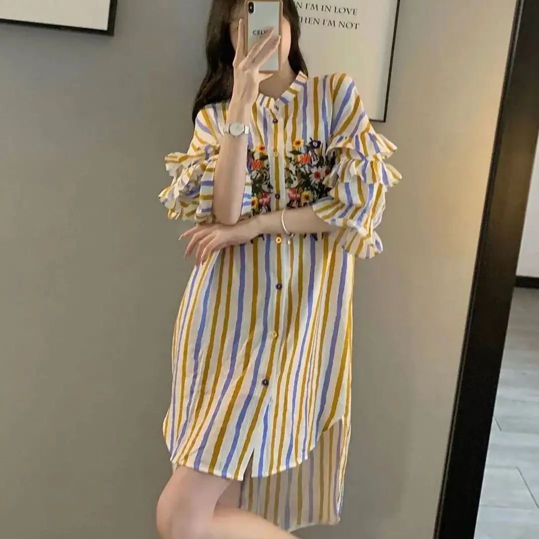 

Shirt Dress Ruffles Irregular Stripes Holiday Style Embroidered Print Loose Dress Women Top Korean Fashion Vestidos Mujer New