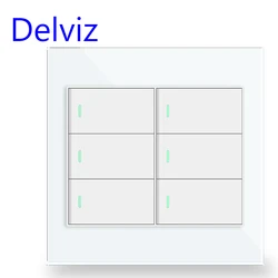 Delviz 16A Wall Light Switch, Brazil 120mm*120mm White/Black Tempered glass panel, AC 110V~250V, 6 Gang 2 Way Push Button Switch