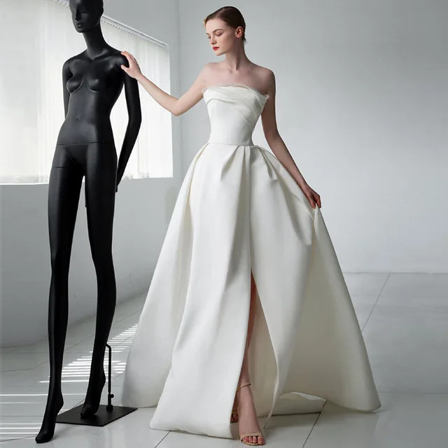 French Luxury White Satin Trailing Wedding Dresses for Bride 2026 Women Elegant Sexy Strapless Long Prom Party Dress Vestidos 4