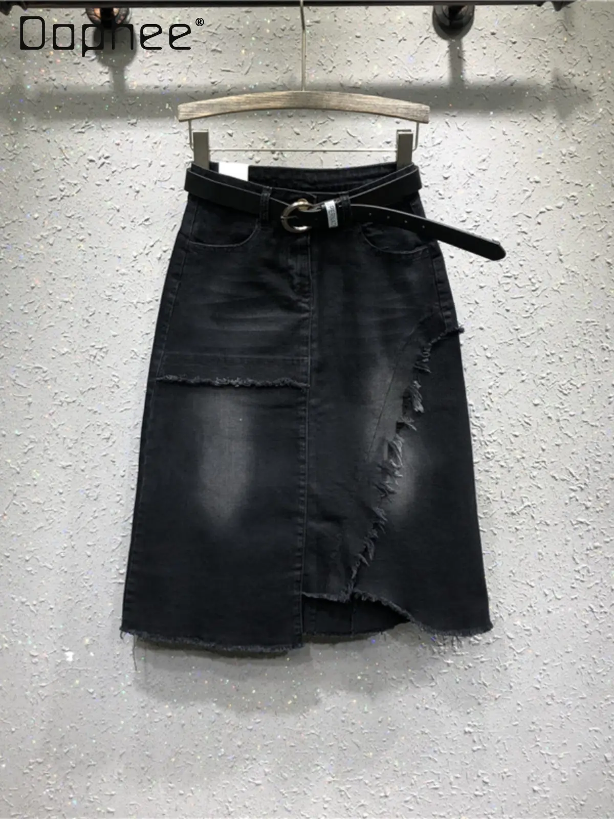 

2026 Spring New Korean Chic Irregular Black Denim Skirt Commuter Style High Waist Versatile Slim Mid-length A-Line Skirt Women