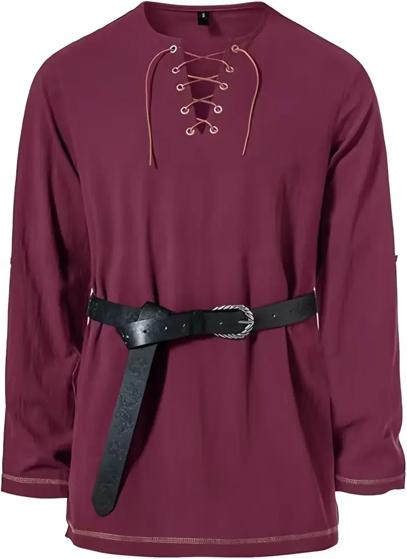 Mittelalterliches Schnürhemd für Herren mit Gürtel, langärmelig, Vintage-Piraten-Wikinger-Oberteil, Halloween-Cosplay-Kostüm, lässige Bluse – Detail 33