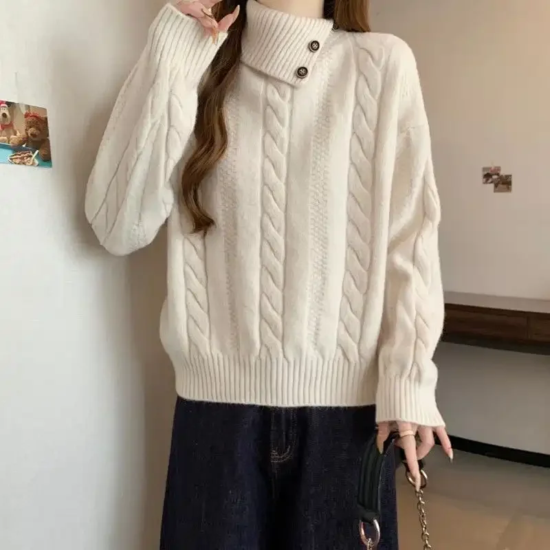 

Solid Color Pullover Turtleneck Twist Sweater Autumn and Winter Irregular Lapel Sweater Top
