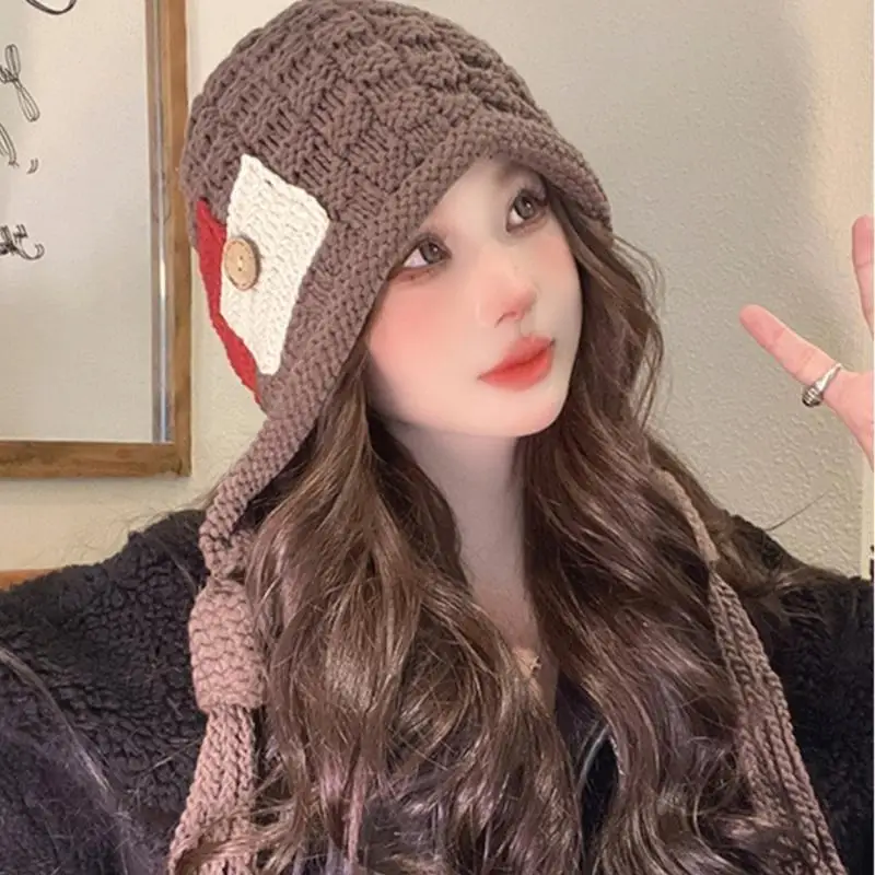 31BB Hand Knit Sherpas Hat with Ear Flap, Trapper Ski Heavy Wool Knitted Cap Ear Protections Hats for Winter Snow