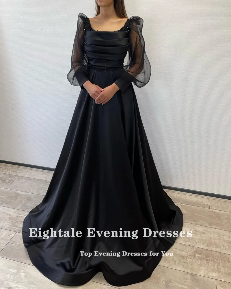 Eigtale-vestido de noche elegante para fiesta de boda, satén, mangas largas abullonadas, cinturón, plisado, árabe, Dubai, vestidos de graduación